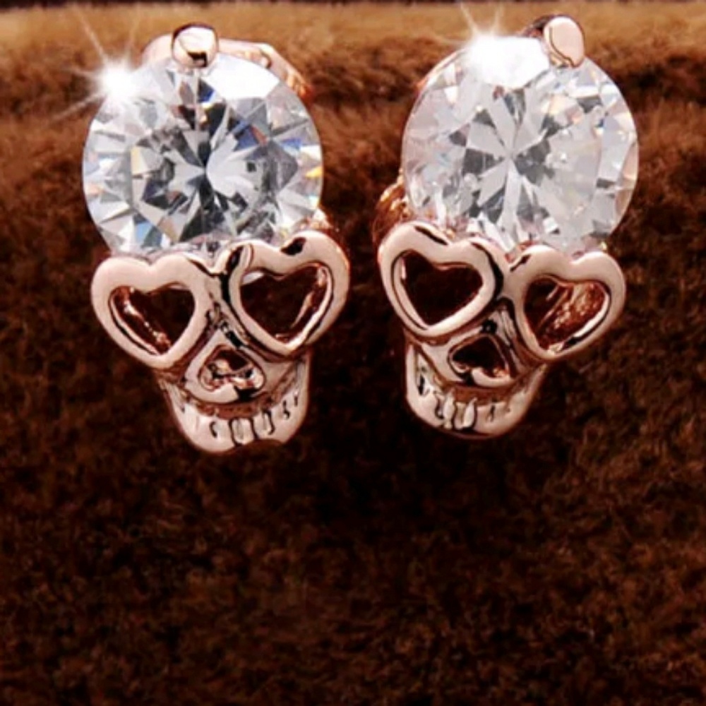 Rose Gold Crystal Skull Earrings - Picture 2 of 3